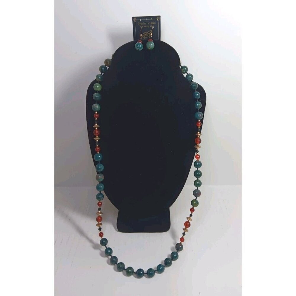 Jewelry Of Bali Agate & Jade Natural Stone Bead 925 Necklace Dangle Earring Set